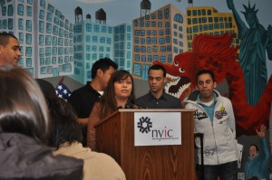 Deycy Avitia of the New York Immigration Coalition spoke at the press conference