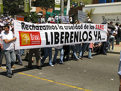 Protesters demand the release of hostages held by the FARC in a march in Bogotá, Colombia on Feb. 4, 2008.
