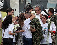 Pablo Moncayo greets his family on Tuesday after being relased by the FARC, who held him hostage for 12 years.