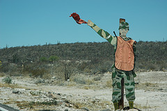 A sign of a soldier indicates a checkpoint for drug inspection, Baja California Sur, Mexico.