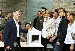 President-elect Juan Manuel Santos places his vote on Sunday's second-round election.