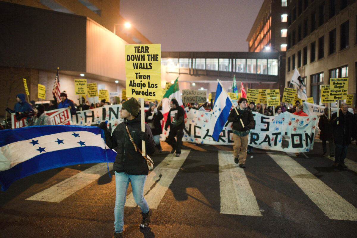 March in Minneapolis, Minnesota, to welcome Honduran refugees and protest against troops on the border in 2018. Photo courtesy of Fibonacci Blue via Flickr.